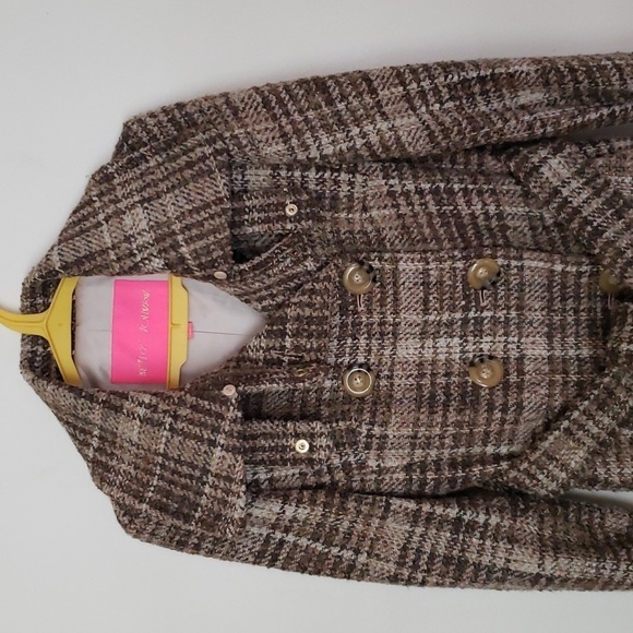 Betsey Johnson wool blend neutral boucle plaid midi double breasted coat w/ tie - Picture 2 of 12